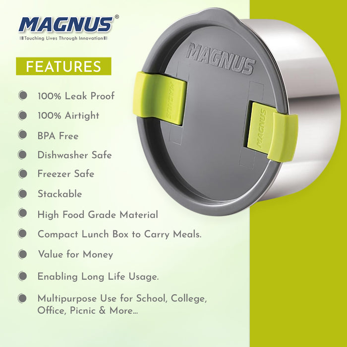 Magnus Olive-2 Stainless Steel Lunch Box for Kids, Lunch Boxes for Office Men - Leak-Proof Containers, Insulated Carry Case, Airtight Food Storage for School, Office, Picnic