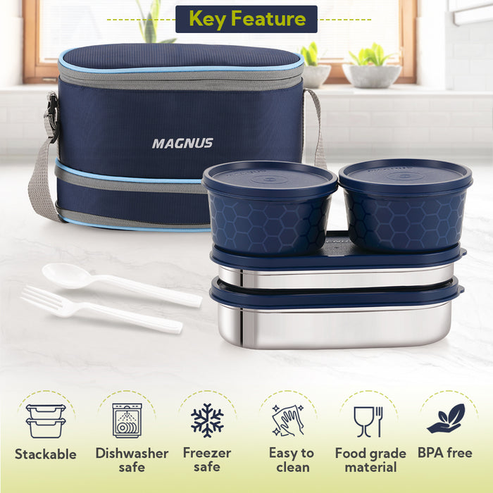 Magnus Microwave Feast 4 Prime, Microwave Safe Stainless Steel Lunch Box Set | Leakproof Tiffin for Men & Women | BPA-Free Containers | Lunch Box for Kids | Lunch Boxes for Office Men | Black