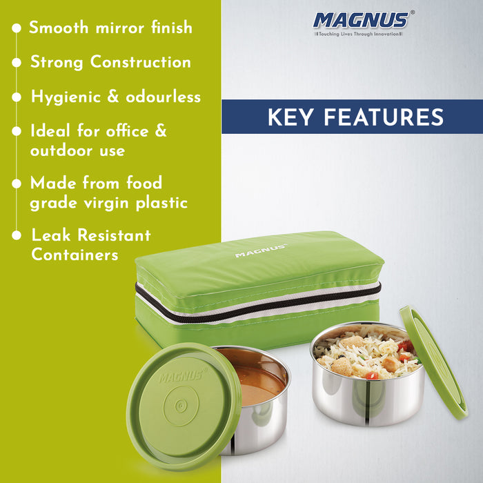 Magnus Fancy 2 Prime Steel Lunch Box Set | Leak-Proof Containers for Office & School | 1050ml | Lunch Bag for Men, Women | Lunch Box for Kids | Lunch Boxes for Office Men | Stylish Design (Green)