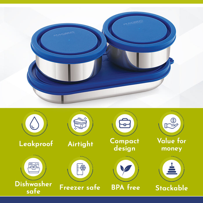 Magnus Super 3 Prime Stainless Steel Lunch Box for Office & School | Leak-Proof Lunch Box for Kids | Lunch Boxes for Office Men | Compact & Air-Tight Design | Safe Plastic Cover | Blue