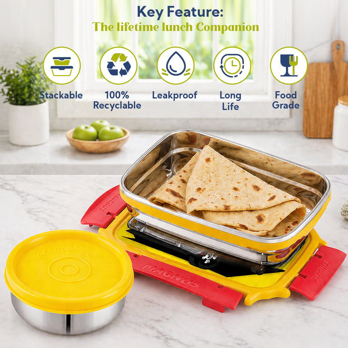 Magnus Magic Switch Junior Stainless Steel Lunch Box for Kids & School | 550 ml Main Container + 100ml Round Container | Airtight & Leakproof Tiffin Box with 3D Lenticular Sticker | Red, Blue