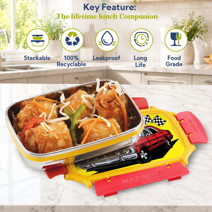 Magnus Magic Switch Junior Stainless Steel Lunch Box for Kids & School | 550 ml Container Container | Airtight & Leakproof Tiffin Box with 3D Lenticular Sticker & Detachable Clips | Red, Yellow