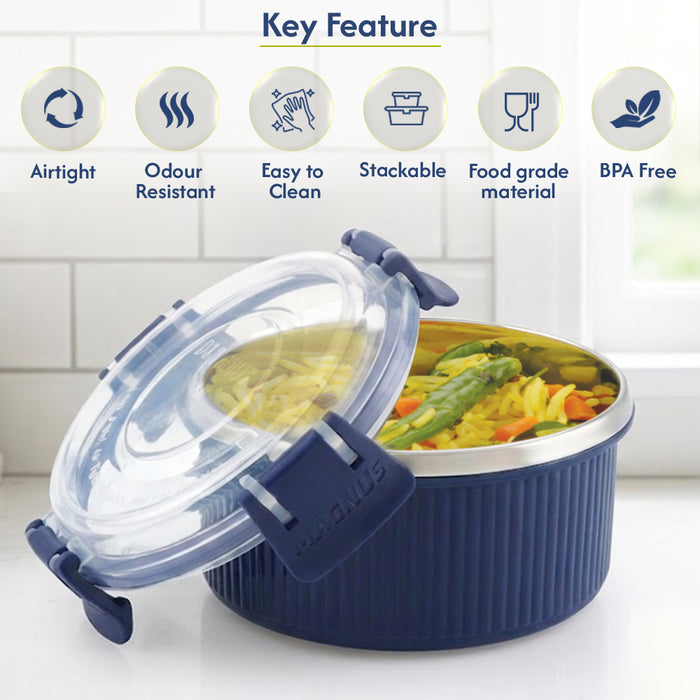 Magnus Klip Lock Stainless Steel Microwave Safe Container with Plastic Lid, Snack & Food Storage, Leak & Spill Proof, BPA Free, Food Grade Material, 450ml