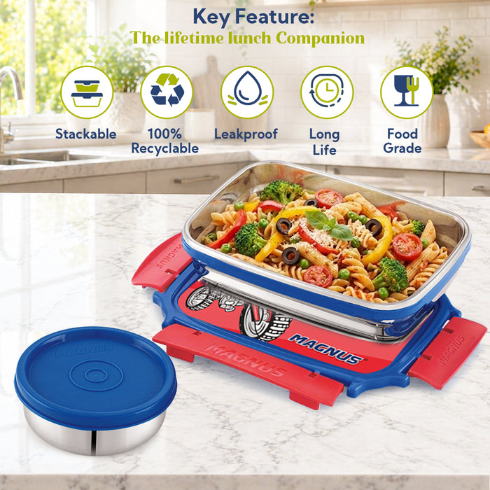 Magnus Magic Switch Junior Stainless Steel Lunch Box for Kids & School | 550 ml Main Container + 100ml Round Container | Airtight & Leakproof Tiffin Box with 3D Lenticular Sticker | Red, Blue