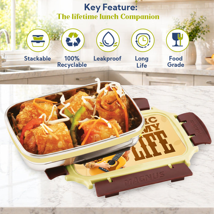 Magnus Magic Switch Junior Stainless Steel Lunch Box for Kids & School | 550 ml Container Container | Airtight & Leakproof Tiffin Box with 3D Lenticular Sticker & Detachable Clips | Brown