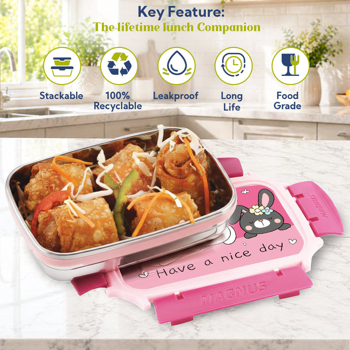 Magnus Magic Switch Junior Stainless Steel Lunch Box for Kids & School | 550 ml Container Container | Airtight & Leakproof Tiffin Box with 3D Lenticular Sticker & Detachable Clips | Pink