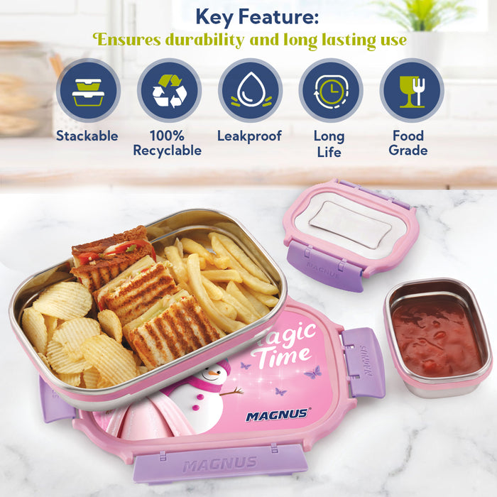 Magnus Magic Switch Senior Stainless Steel Lunch Box for Kids | 800ml Main Container + 150ml SS Container | Airtight & Leakproof Tiffin Box with 3D Lenticular Sticker & Detachable Clips | Pink