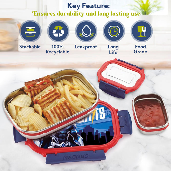 Magnus Magic Switch Senior Stainless Steel Lunch Box for Kids & School | 800ml Main Container + 150ml SS Container | Airtight & Leakproof Tiffin Box with 3D Lenticular Sticker | Red & Blue