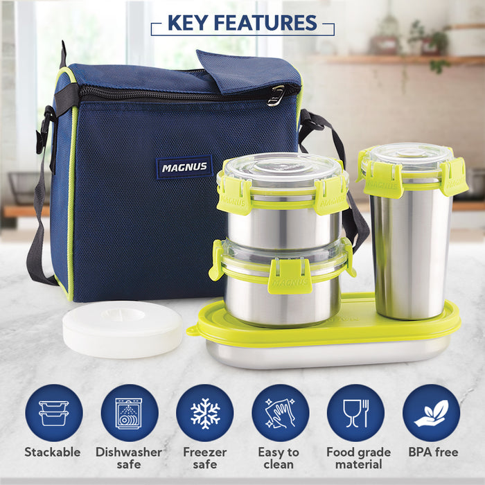 Magnus Nexus 5 Prime Stainless Steel Lunch Box Set | Insulated, Air-Tight, Leakproof Lunch Box for Kids, Office Men & School Tiffin | Suitable for Men, Women - Blue