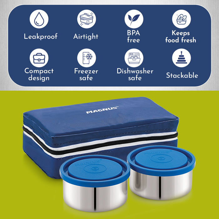 Magnus Fancy 2 Steel Lunch Box Set - Leak-Proof Containers for Office & School | 1050ml | Carry Bag for Men, Women | Stylish Lunch Box for Kids & Lunch Boxes for Office Men, Blue