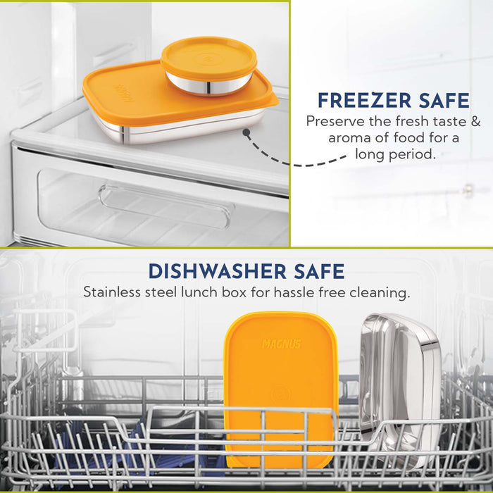 Magnus Rush Stainless Steel Lunch Box - Airtight & Leak Proof Tiffin, 2 Containers (800ml & 200ml), Ideal Lunch Box for Kids, Lunch Boxes for Office Men, Women & Picnic, Orange