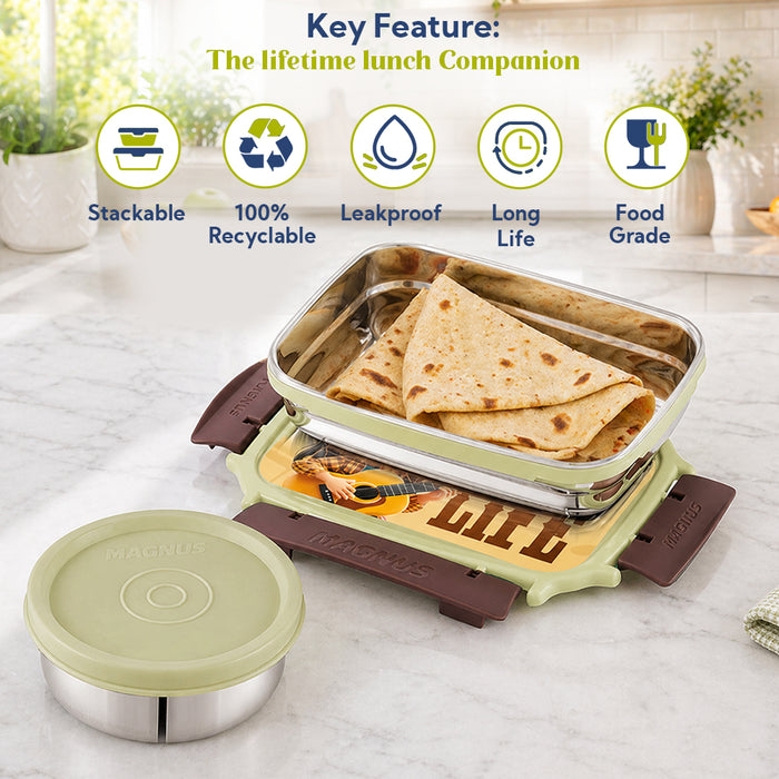 Magnus Magic Switch Junior Stainless Steel Lunch Box for Kids & School | 550 ml Main Container + 100ml Round Container | Airtight & Leakproof Tiffin Box with 3D Lenticular Sticker | Brown