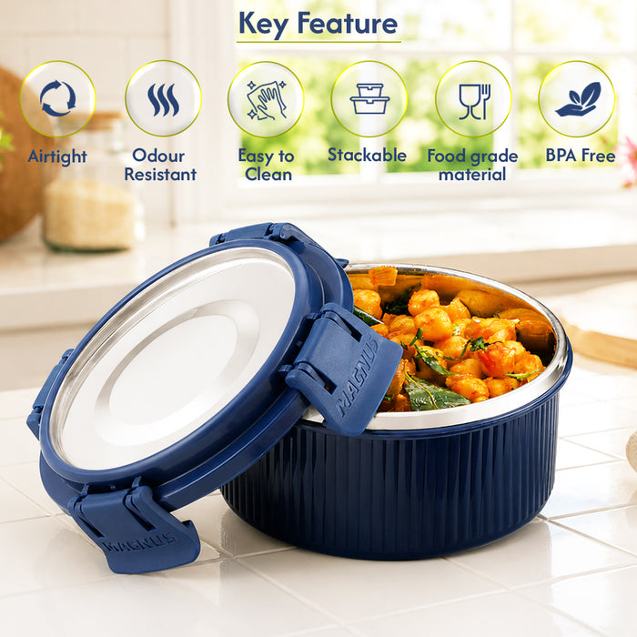 Magnus Klip Lock Deluxe Stainless Steel Microwave Safe Container with Stainless Steel Lid, Snack & Food Storage, Leak & Spill Proof, BPA Free, Food Grade Material