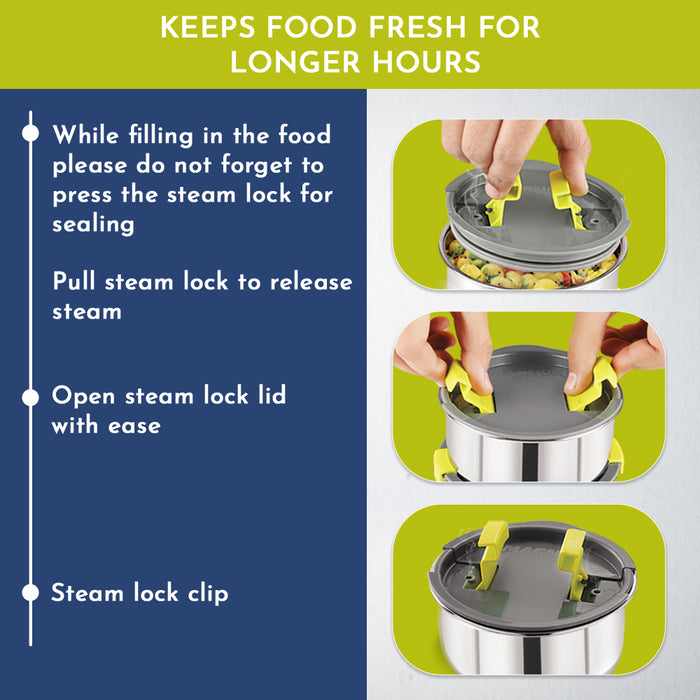 Magnus Opal 4 Stainless Steel Lunchbox Set with Bag - Leak-Proof, Insulated Lunch Box for Kids, Lunch Boxes for Office Men and Women - 4 Containers, 350ml Each, with Smart Steam Lock Mechanism