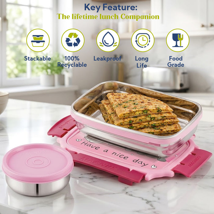 Magnus Magic Switch Junior Stainless Steel Lunch Box for Kids & School | 550 ml Main Container + 100ml Round Container | Airtight & Leakproof Tiffin Box with 3D Lenticular Sticker | Pink