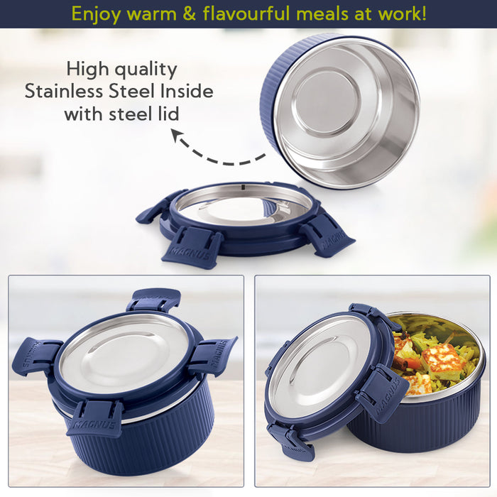 Magnus Microwave Aura 3 Deluxe, Microwave Safe Ribbed Stainless Steel Lunch Box Set with Tiffin Bags & Pouch | Airtight, Leakproof Containers | Lunch Box for Kids, Lunch Boxes for Office Men, Women, School