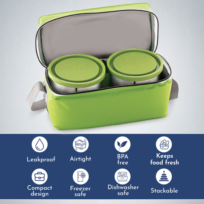 Magnus Fancy 3 Steel Lunch Box Set with Leak-Proof Containers, 3 Compartments, Washable Cover, Stylish Carry Bag - Lunch Box for Kids, Lunch Boxes for Office Men and Women, Safe Design (Green)