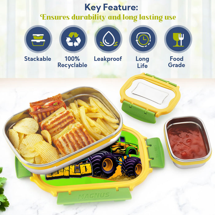 Magnus Magic Switch Senior Stainless Steel Lunch Box for Kids & School | 800ml Main Container + 150ml SS Container | Airtight & Leakproof Tiffin Box with 3D Lenticular Sticker | Green & Yellow