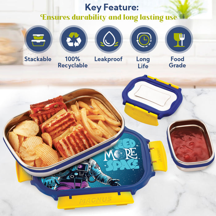 Magnus Magic Switch Senior Stainless Steel Lunch Box for Kids & School | 800ml Main Container + 150ml SS Container | Airtight & Leakproof Tiffin Box with 3D Lenticular Sticker | Blue & Yellow