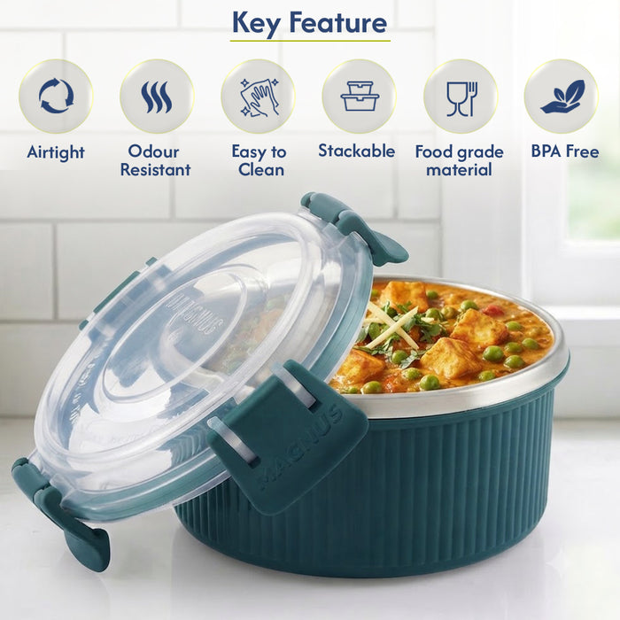 Magnus Klip Lock Stainless Steel Microwave Safe Container with Stainless Steel Lid, Snack & Food Storage, Leak & Spill Proof, BPA Free, Food Grade Material, 400ml, Blue