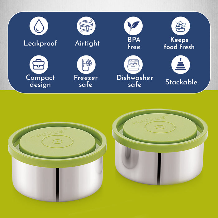 Magnus Fancy 2 Prime Steel Lunch Box Set | Leak-Proof Containers for Office & School | 1050ml | Lunch Bag for Men, Women | Lunch Box for Kids | Lunch Boxes for Office Men | Stylish Design (Green)