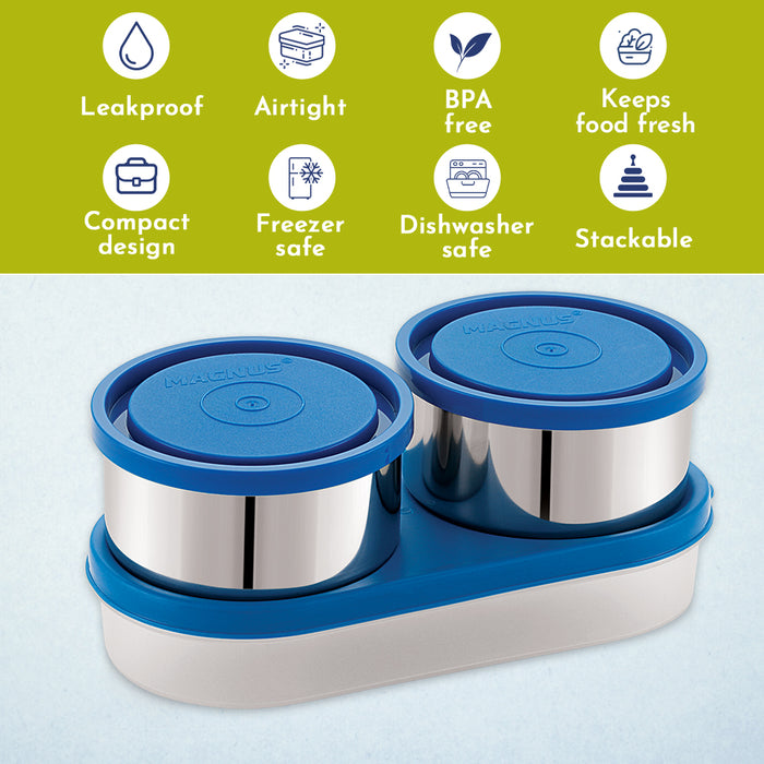 Magnus Fancy 3 Steel Lunch Box Set for Kids and Office Men, Leak-Proof Containers, 3 Compartments, Washable Cover, Stylish Carry Bag, Safe Design, Ideal for Office and School, Blue