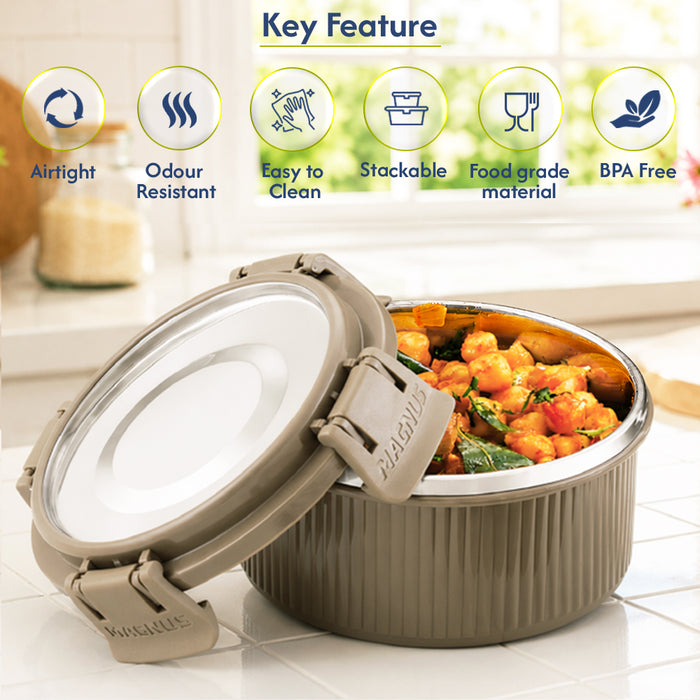 Magnus Klip Lock Deluxe Stainless Steel Microwave Safe Container with Stainless Steel Lid, Snack & Food Storage, Leak & Spill Proof, BPA Free, Food Grade Material, 400ml, beige