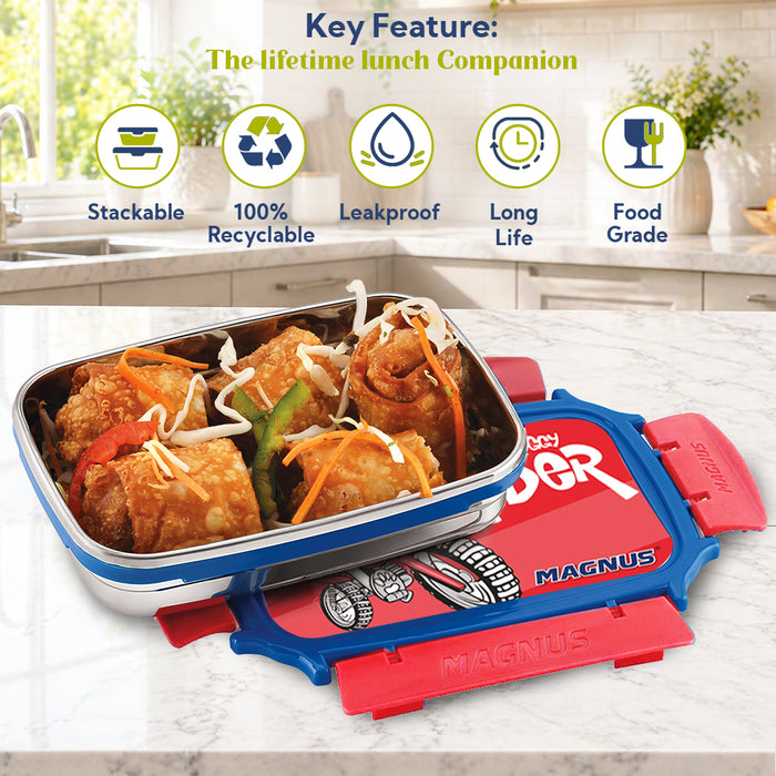 Magnus Magic Switch Junior Stainless Steel Lunch Box for Kids & School | 550 ml Container Container | Airtight & Leakproof Tiffin Box with 3D Lenticular Sticker & Detachable Clips | Blue, Red