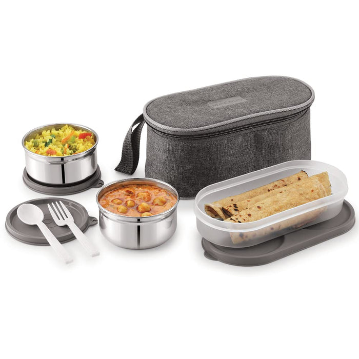 Magnus Feast 3 Grey Stainless Steel Lunch Box Set | 1150ml Leakproof Tiffin box for Men & Women