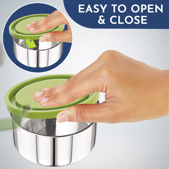 Magnus Fancy 3 Steel Lunch Box Set with Leak-Proof Containers, 3 Compartments, Washable Cover, Stylish Carry Bag - Lunch Box for Kids, Lunch Boxes for Office Men and Women, Safe Design (Green)