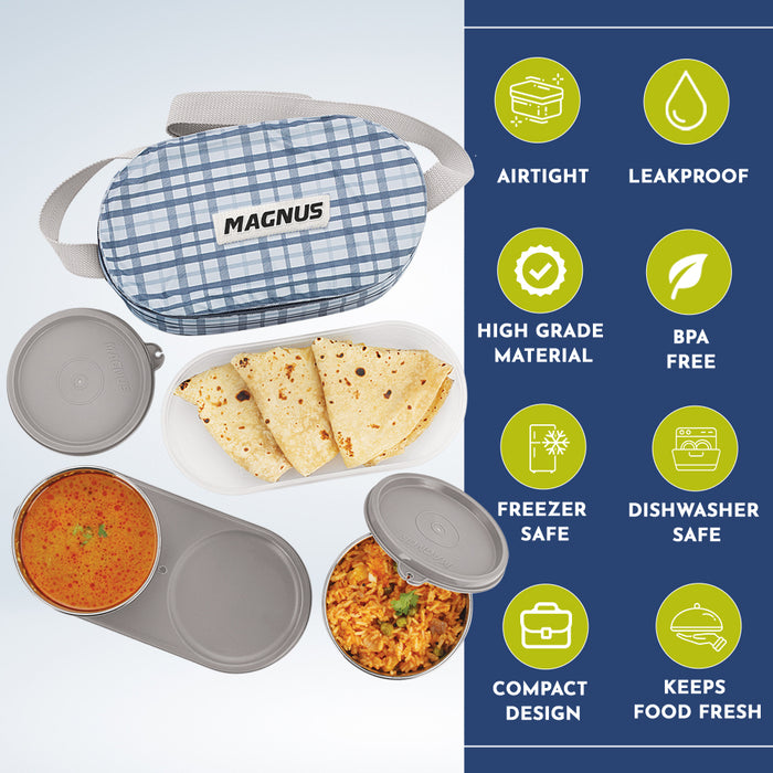 Magnus Deli 3 Stainless Steel Lunch Box Set - Grey | Leakproof & BPA-Free | Lunch Box for Kids | Hot Food Safe | Air-Tight Seal Tiffin Containers | Ideal Lunch Boxes for Office Men & Women