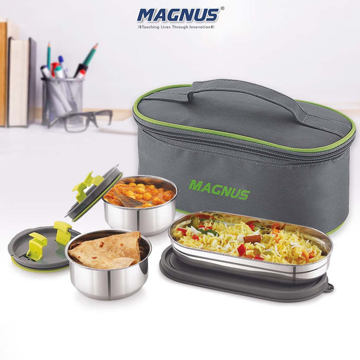Magnus Olive-3 Prime Steam Lock Stainless Steel Lunch Box for Kids, Lunch Boxes for Office Men, Women, Leak-Proof Containers with Carry Case, Airtight Food Storage for School, Picnic