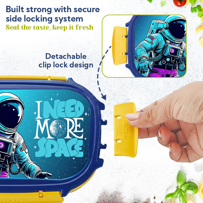 Magnus Magic Switch Senior Stainless Steel Lunch Box for Kids & School | 800ml Main Container + 150ml SS Container | Airtight & Leakproof Tiffin Box with 3D Lenticular Sticker | Blue & Yellow