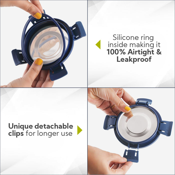 Magnus Microwave Aura 3 Deluxe, Microwave Safe Ribbed Stainless Steel Lunch Box Set with Tiffin Bags & Pouch | Airtight, Leakproof Containers | Lunch Box for Kids, Lunch Boxes for Office Men, Women, School