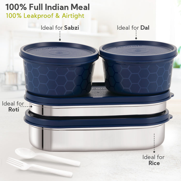 Magnus Microwave Feast 4 Prime, Microwave Safe Stainless Steel Lunch Box Set | Leakproof Tiffin for Men & Women | BPA-Free Containers | Lunch Box for Kids | Lunch Boxes for Office Men | Black