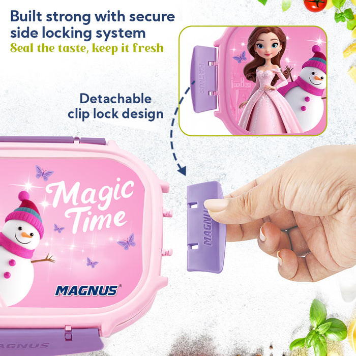 Magnus Magic Switch Senior Stainless Steel Lunch Box for Kids | 800ml Main Container + 150ml SS Container | Airtight & Leakproof Tiffin Box with 3D Lenticular Sticker & Detachable Clips | Pink