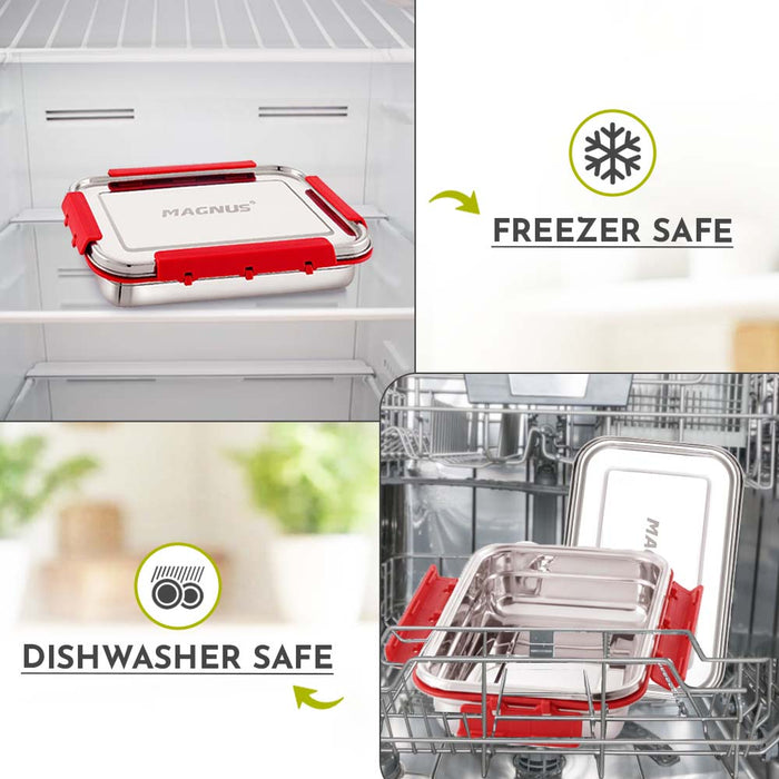 Magnus Dixie Stainless Steel Lunch Box - Airtight & Leak Proof Tiffin, 2 Containers (800ml & 200ml), Ideal Lunch Box for Kids, Lunch Boxes for Office Men, Women & Picnic, Red