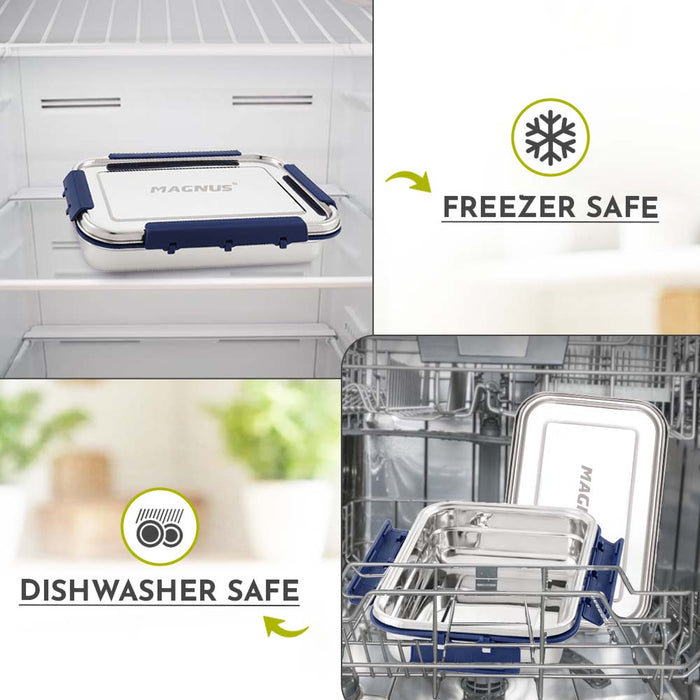 Magnus Dixie Stainless Steel Lunch Box - Airtight & Leak Proof Tiffin, 2 Containers (800ml & 200ml), Ideal Lunch Box for Kids, Lunch Boxes for Office Men, Women & Picnic, Blue