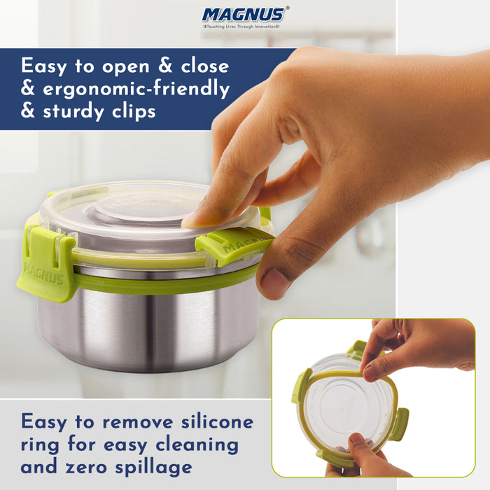 Magnus Ethos 3 Lunch Box Set | Stainless Steel Tiffin with 2 Containers & 1 Glass | Air-Tight, Leakproof, Insulated Bag - Green | Lunch Box for Kids | Lunch Boxes for Office Men, Women