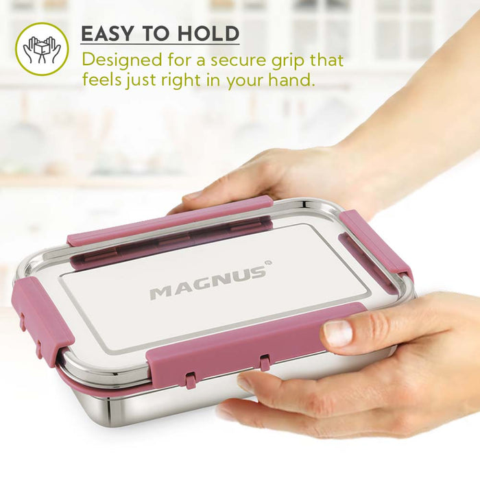 Magnus Dixie Stainless Steel Lunch Box - Airtight & Leak Proof Tiffin, 2 Containers (800ml & 200ml), Ideal Lunch Box for Kids, Lunch Boxes for Office Men, Women & Picnic, Pink