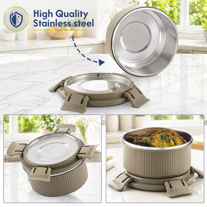 Magnus Klip Lock Deluxe Stainless Steel Microwave Safe Container with Stainless Steel Lid, Snack & Food Storage, Leak & Spill Proof, BPA Free, Food Grade Material, 400ml, beige