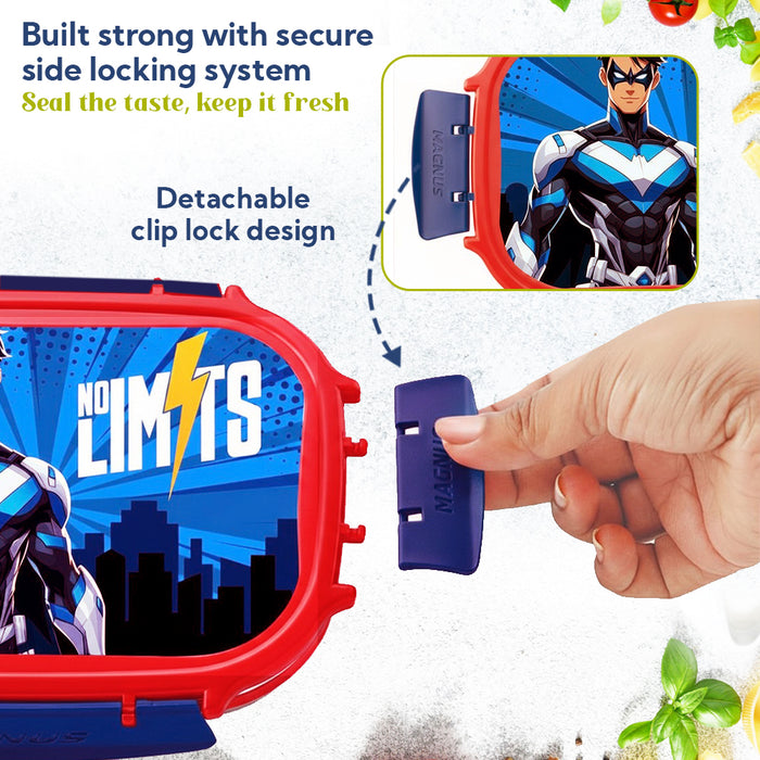 Magnus Magic Switch Senior Stainless Steel Lunch Box for Kids & School | 800ml Main Container + 150ml SS Container | Airtight & Leakproof Tiffin Box with 3D Lenticular Sticker | Red & Blue