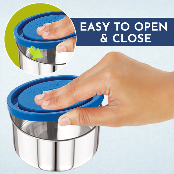 Magnus Fancy 3 Steel Lunch Box Set for Kids and Office Men, Leak-Proof Containers, 3 Compartments, Washable Cover, Stylish Carry Bag, Safe Design, Ideal for Office and School, Blue