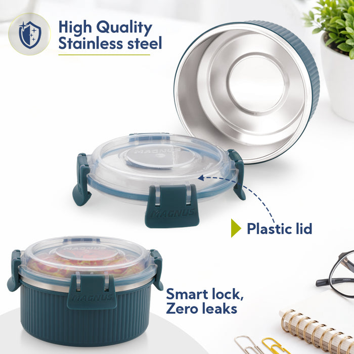 Magnus Klip Lock Stainless Steel Microwave Safe Container with Stainless Steel Lid, Snack & Food Storage, Leak & Spill Proof, BPA Free, Food Grade Material, 400ml, Blue