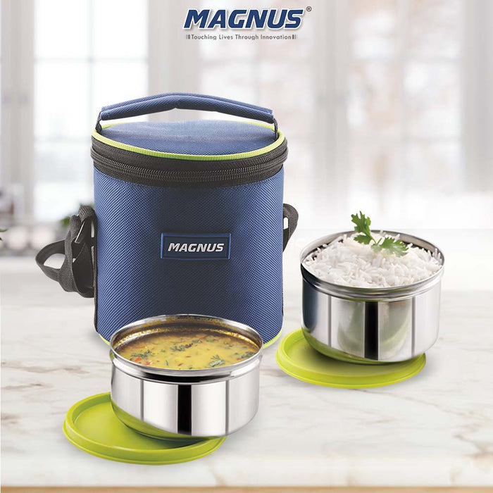 Magnus Alfa-2 Stainless Steel Lunch Box Set with Leak-Proof Containers & Insulated Bag - Air-Tight Lunch Box for Kids, Safe Lunch Boxes for Office Men, Ideal Tiffin for School & Work (Blue)