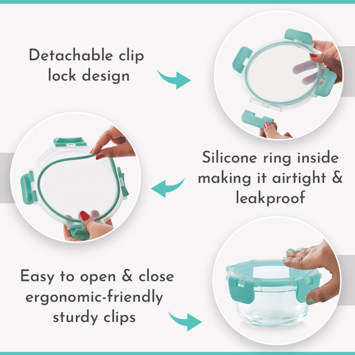 Magnus Glock Round Glass Food Storage Containers Set, Airtight Glass Lunch Containers, Exclusive of BPA, for Microwave, Oven, Freezer & Dishwasher Friendly,240ml -Green