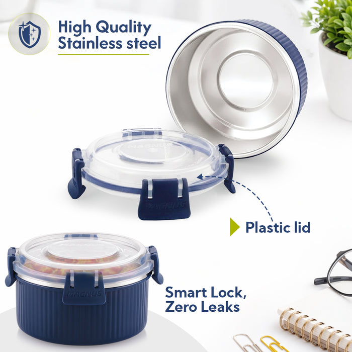 Magnus Klip Lock Stainless Steel Microwave Safe Container with Plastic Lid, Snack & Food Storage, Leak & Spill Proof, BPA Free, Food Grade Material, 450ml