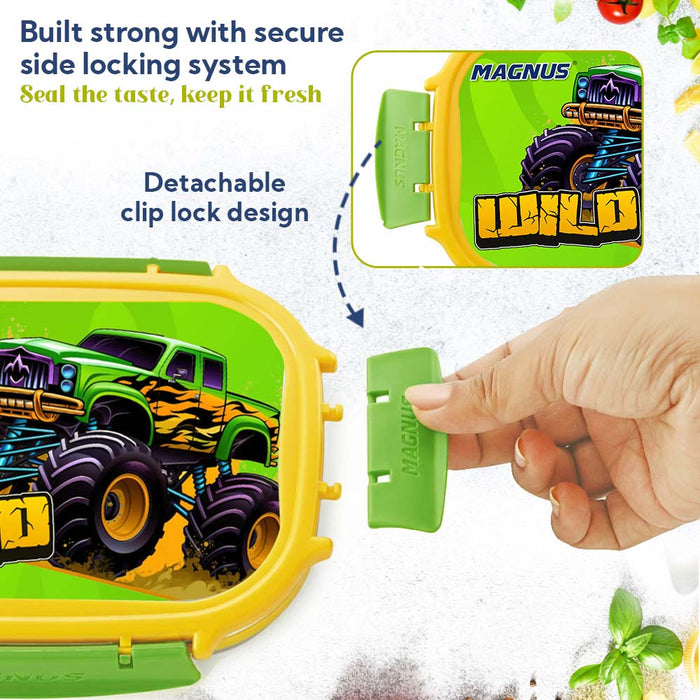 Magnus Magic Switch Senior Stainless Steel Lunch Box for Kids & School | 800ml Main Container + 150ml SS Container | Airtight & Leakproof Tiffin Box with 3D Lenticular Sticker | Green & Yellow