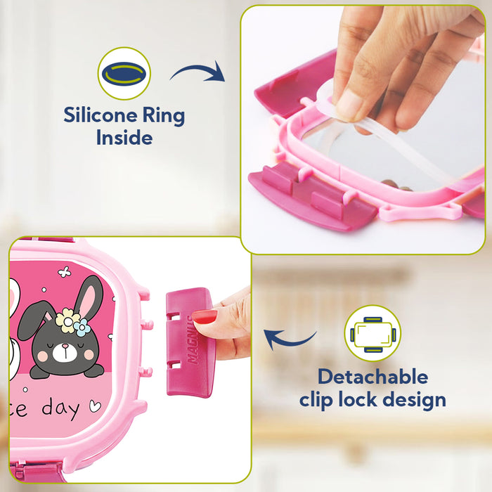 Magnus Magic Switch Junior Stainless Steel Lunch Box for Kids & School | 550 ml Container Container | Airtight & Leakproof Tiffin Box with 3D Lenticular Sticker & Detachable Clips | Pink