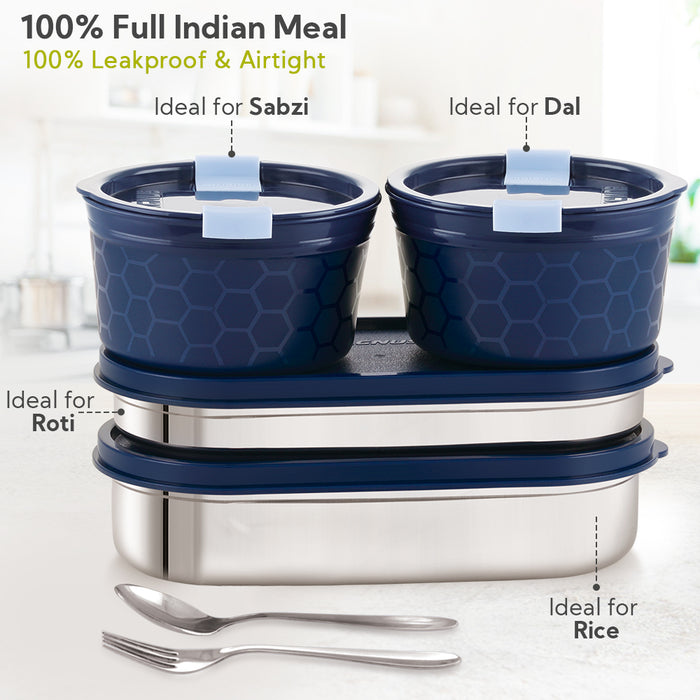 Magnus Microwave Olive-4 Stainless Steel Lunchbox, Microwave Safe, Leak-Proof Containers & Insulated Carry Case - Airtight Food Storage Lunch Box for Kids, Office Men, Women - Dual Long Containers for School, Picnic,1730ml